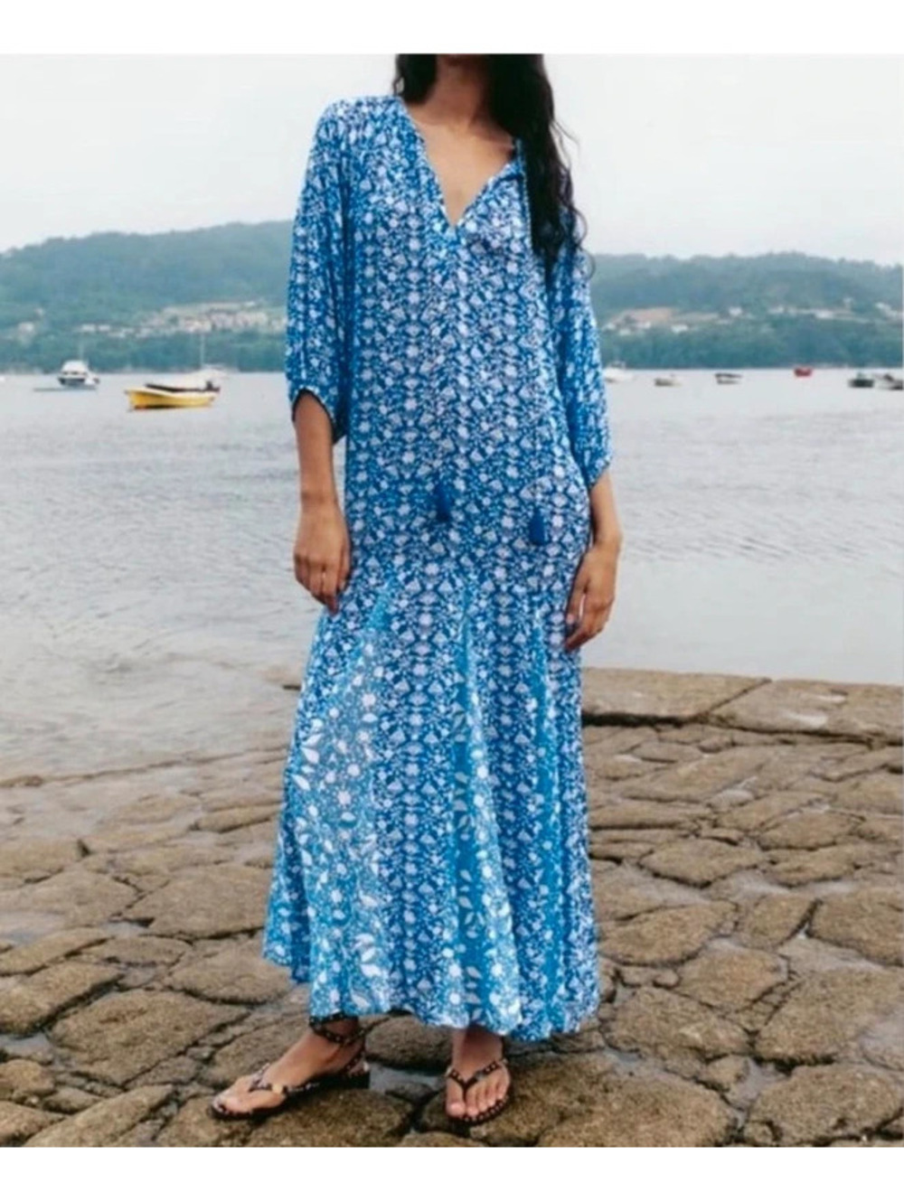 Zara Boho Oversized XS Blue and White Maxi Dress